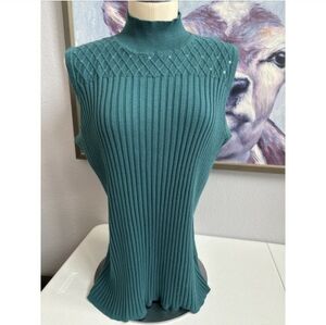 Dressbarn Women's 22/24 Dark Teal Green Ribbed Mock Turtleneck Sleeveless Knit